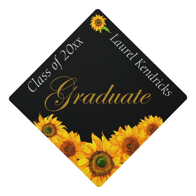 Watercolor Sunflowers Gold Foil Graduate Graduation Cap Topper (Front)
