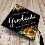 Watercolor Sunflowers Graduate 2025 Graduation Cap Topper<br><div class="desc">Rustic country graduation cap topper featuring a black background that can be changed to any colour,  boho watercolor sunflowers,  the word "graduate",  the students name,  class year,  and school/college name.</div>