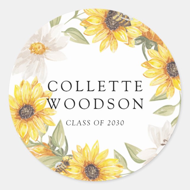 Watercolor Sunflowers Greenery Graduation  Classic Round Sticker (Front)