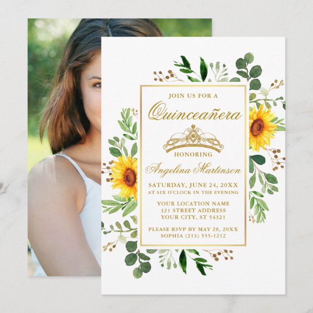 Watercolor Sunflowers Greenery Quinceanera Photo Invitation (Front/Back)