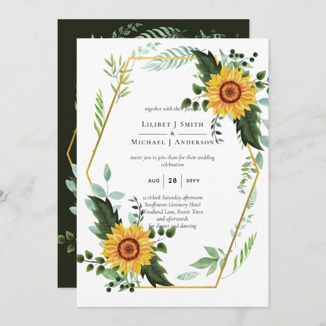 Watercolor SUNFLOWERS Greenery Rustic Wedding Invitation (Front/Back)