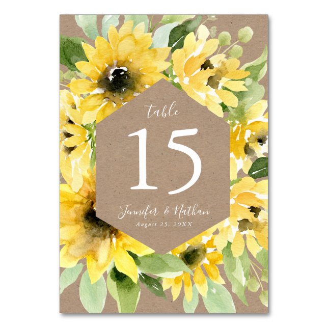Watercolor Sunflowers Kraft Paper | Wedding Table Number (Front)