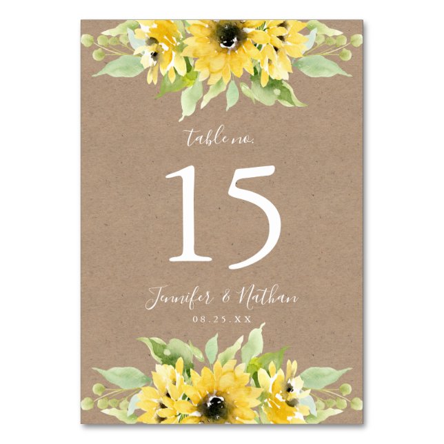 Watercolor Sunflowers Kraft Paper | Wedding Table Number (Front)