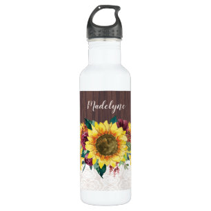 Watercolor Sunflowers Lace Wood Rustic Name 710 Ml Water Bottle