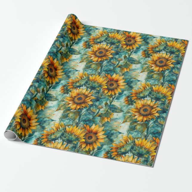 Watercolor Sunflowers (Light) Wrapping Paper (Unrolled)