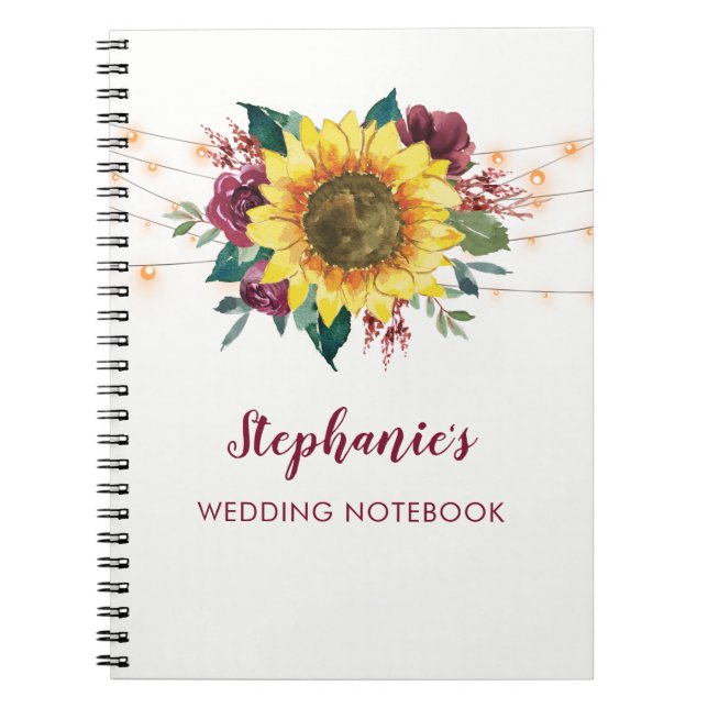 Watercolor Sunflowers Lights Personalized Wedding Notebook (Front)