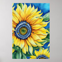 Watercolor Sunflowers On A Sky Blue Background