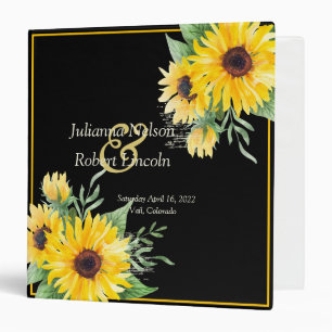 Watercolor sunflowers on black wedding album binder