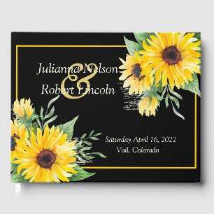 Watercolor sunflowers on black wedding guest book