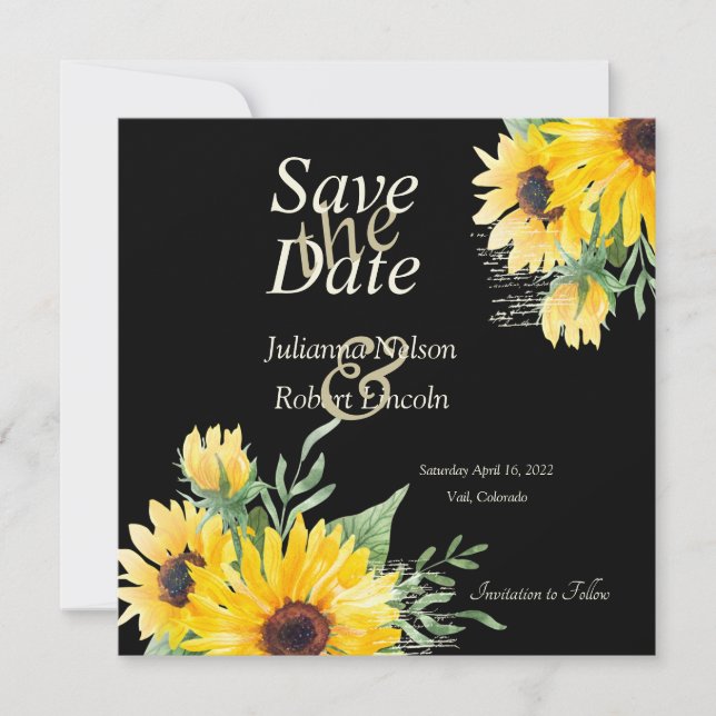 Watercolor sunflowers on black wedding  save the date (Front)