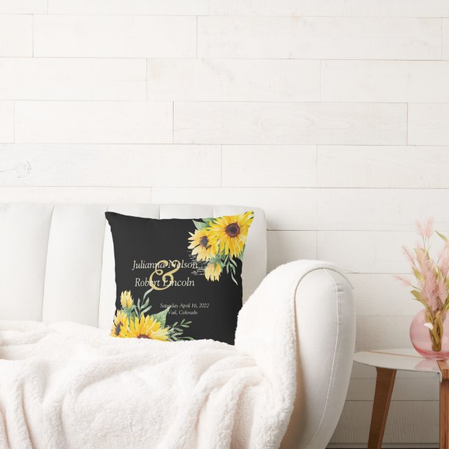 Watercolor sunflowers on black wedding    throw pillow (Couch)