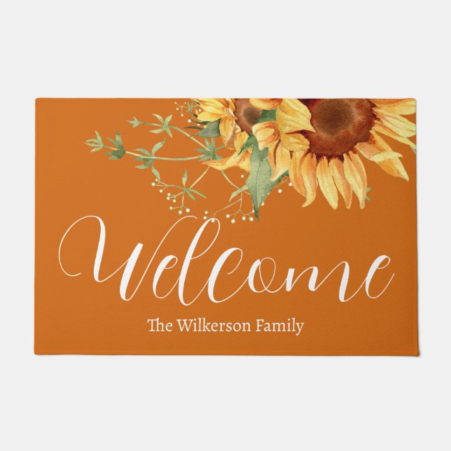 Watercolor Sunflowers on Burnt Orange Doormat (Front)