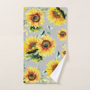 Watercolor Sunflowers on Grey Hand Towel