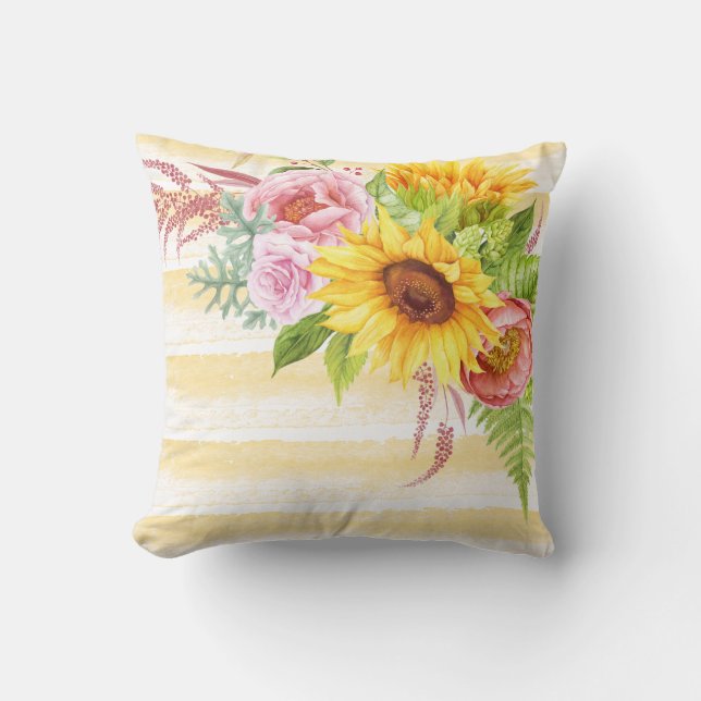 Watercolor Sunflowers Peonies Roses Stripes Throw Pillow (Front)