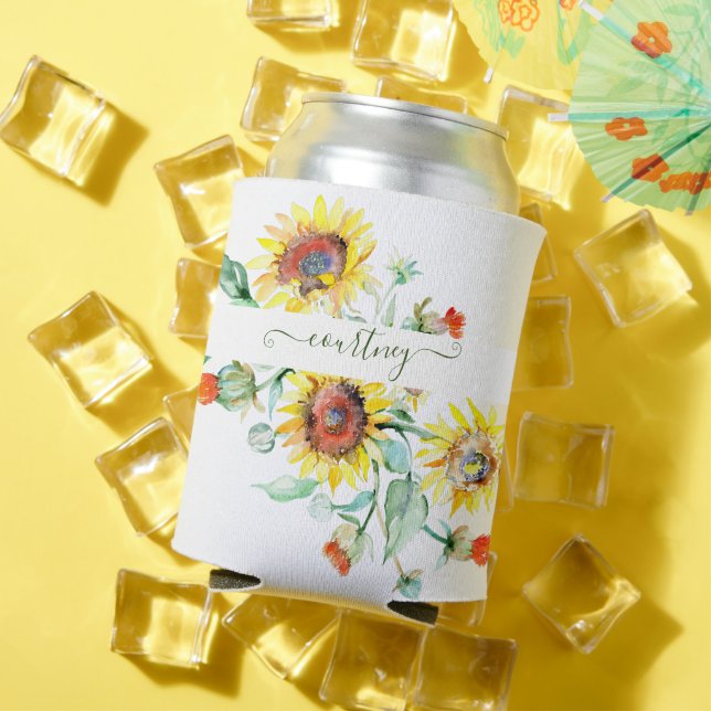Watercolor sunflowers personalized    can cooler (In Situ Summer)