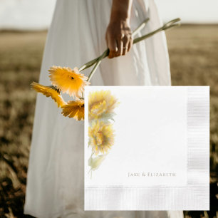 Watercolor Sunflowers Personalized Coined Wedding Napkin