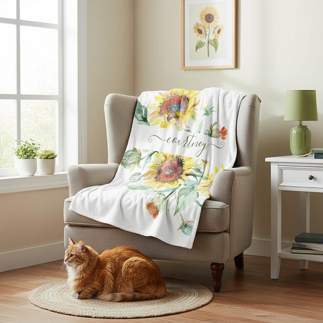 Watercolor sunflowers personalized    fleece blanket (Creator Uploaded)