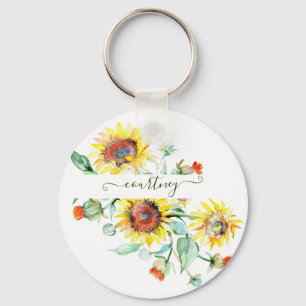 Watercolor sunflowers personalized keychain