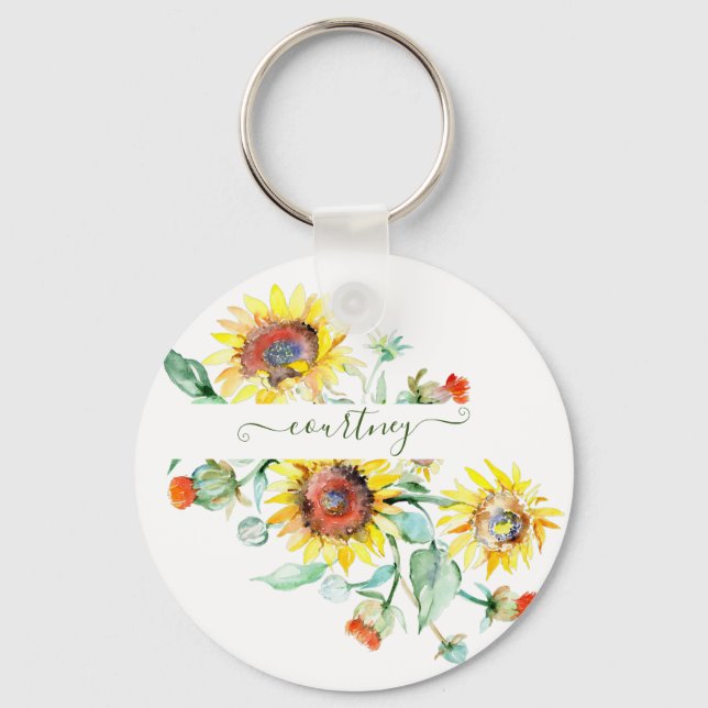 Watercolor sunflowers personalized   keychain (Front)