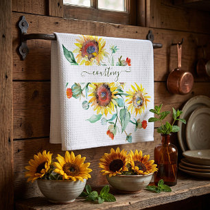 Watercolor sunflowers personalized    kitchen towel