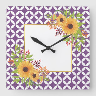 Watercolor sunflowers, purple geometric pattern  square wall clock