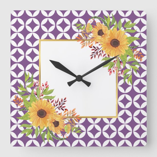 Watercolor sunflowers, purple geometric pattern  square wall clock (Front)