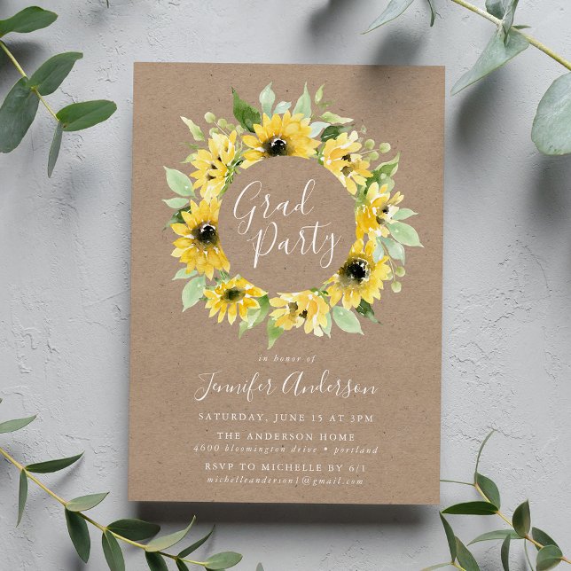 Watercolor Sunflowers Rustic Graduation Party Invitation (Creator Uploaded)