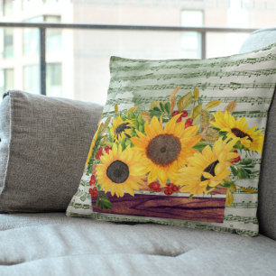 Watercolor Sunflowers & Sheet Music Throw Pillow