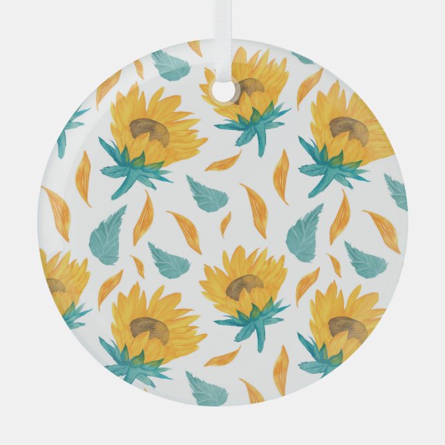 Watercolor Sunflowers: Summer Botanical Print Glass Ornament (Front)