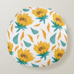 Watercolor Sunflowers: Summer Botanical Print Round Pillow