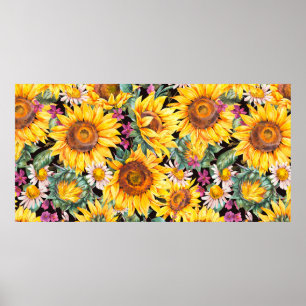 Watercolor sunflowers summer vintage seamless patt poster