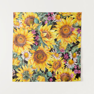 Watercolor sunflowers summer vintage seamless patt tapestry