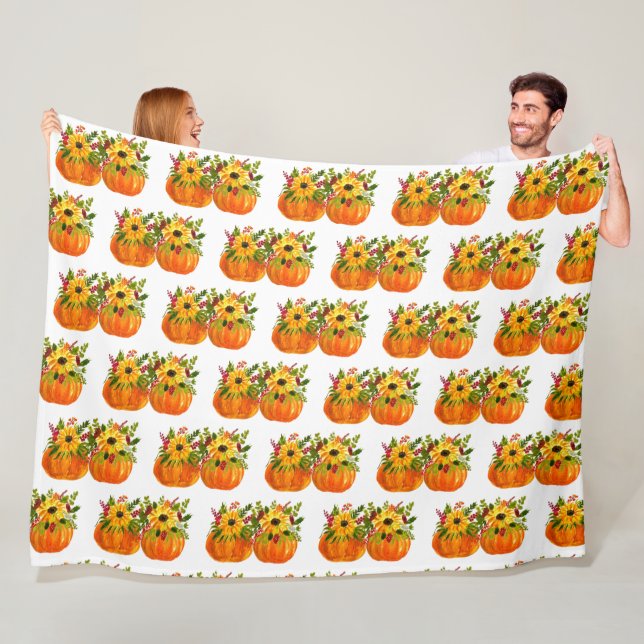 Watercolor Sunflowers Thanksgiving Pumpkins Fall  Fleece Blanket (In Situ)