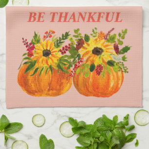 Watercolor Sunflowers Thanksgiving Pumpkins Fall  Kitchen Towel