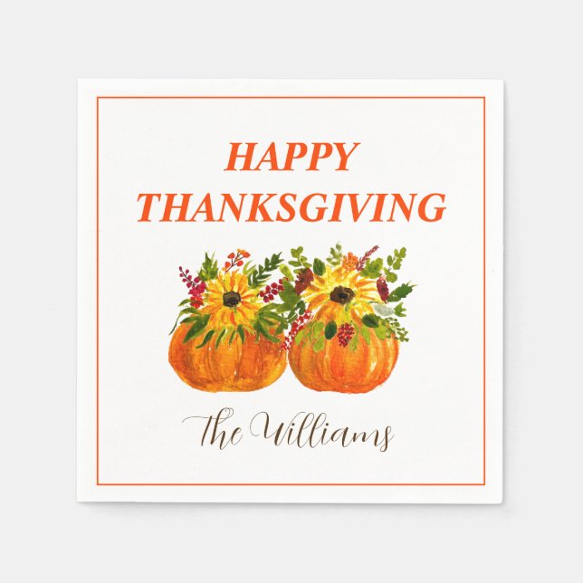 Watercolor Sunflowers Thanksgiving Pumpkins Fall  Napkin (Front)
