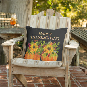 Watercolor Sunflowers Thanksgiving Pumpkins Fall Outdoor Pillow