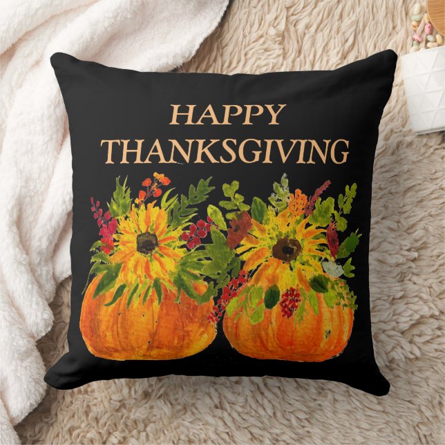 Watercolor Sunflowers Thanksgiving Pumpkins Fall  Throw Pillow (Blanket)
