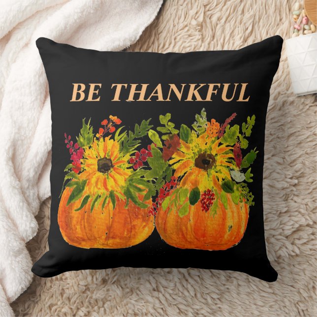 Watercolor Sunflowers Thanksgiving Pumpkins Fall  Throw Pillow (Blanket)