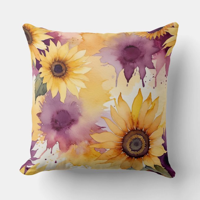 Watercolor Sunflowers Throw Pillow (Front)