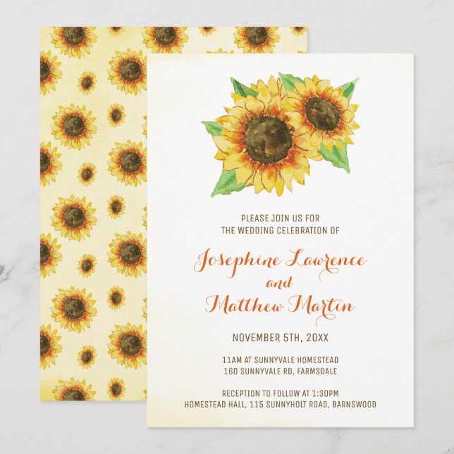 Watercolor Sunflowers Wedding Invitations (Front/Back)