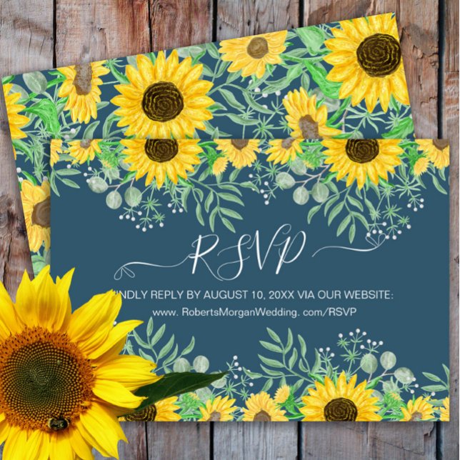 Watercolor Sunflowers Wedding Website Navy Blue RSVP Card (Creator Uploaded)
