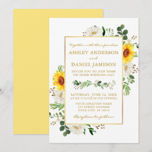 Watercolor Sunflowers White Floral Gold Wedding Invitation