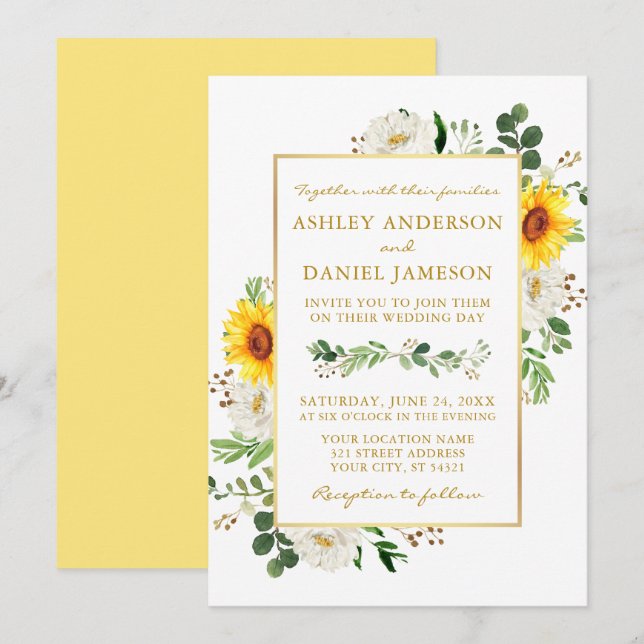 Watercolor Sunflowers White Floral Gold Wedding Invitation (Front/Back)