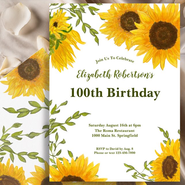 Watercolor Sunflowers Women's 100th Birthday  Invitation (Creator Uploaded)