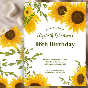 Watercolor Sunflowers Women's 96th Birthday Invitation