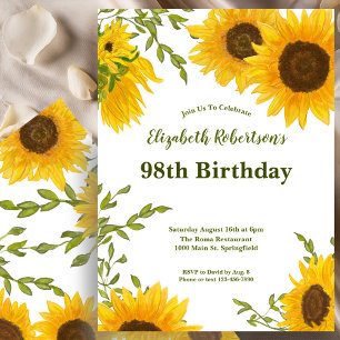 Watercolor Sunflowers Women's 98th Birthday  Invitation