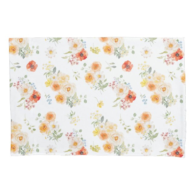 Watercolor Sunny Flowers Floral Pattern Pillowcase (Front)