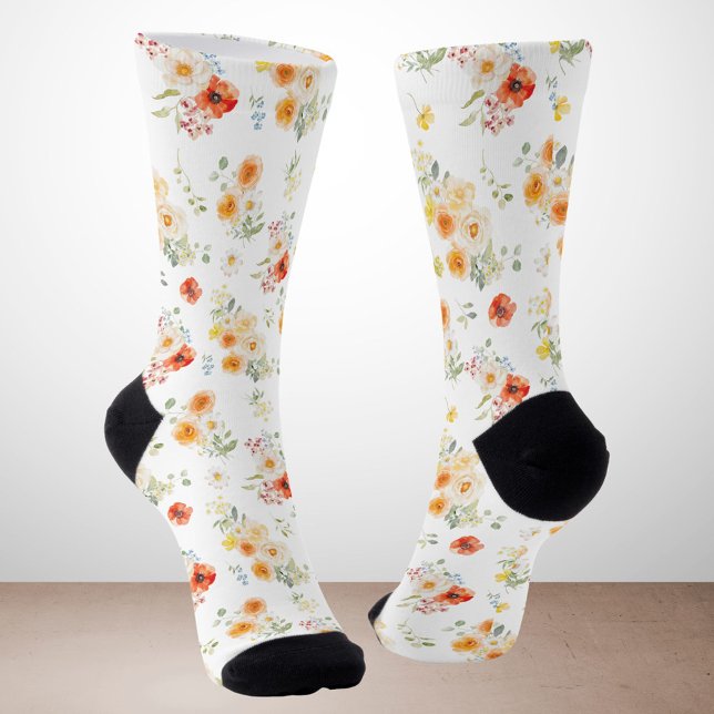 Watercolor Sunny Flowers Floral Pattern Socks (Creator Uploaded)