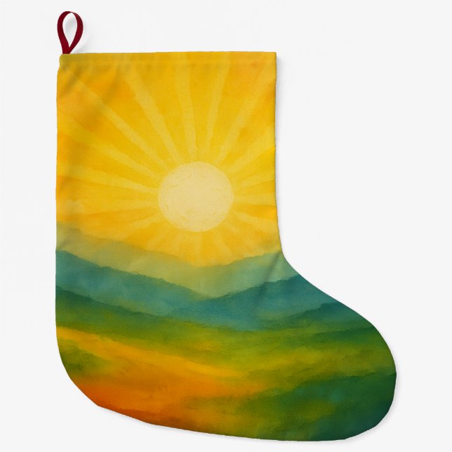 Watercolor Sunrise Landscape Painting Large Christmas Stocking (Front)
