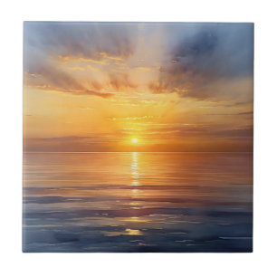 Watercolor Sunrise Over Calm Sea Tile